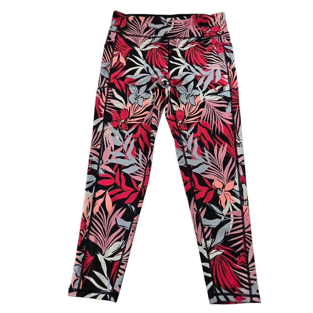 DKNY Sport Womens XL Tropical Floral High Waist Leggings Pockets Pink Black